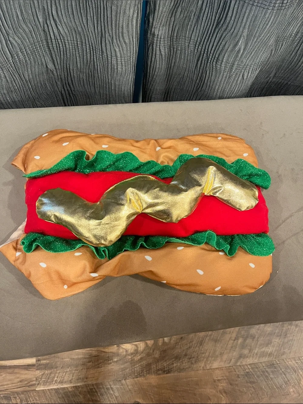 Hot Dog Pet Costume Plush Pillow - Gold Mustard, Red & Tan
